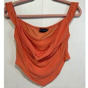 Pretty Little Thing Orange Mesh Corset Top Size 10 Ruched Drape Cowl Neck